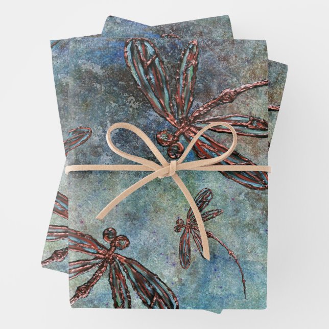 Bronze Tipped Dragonflies on Magical Sky Wrapping Paper Sheet (In situ)