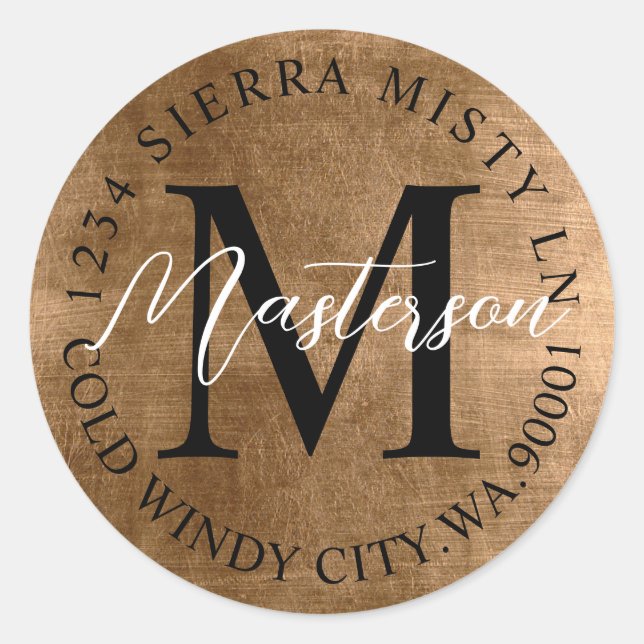 Bronze Tones Elegant Return Address Monogram Classic Round Sticker (Front)
