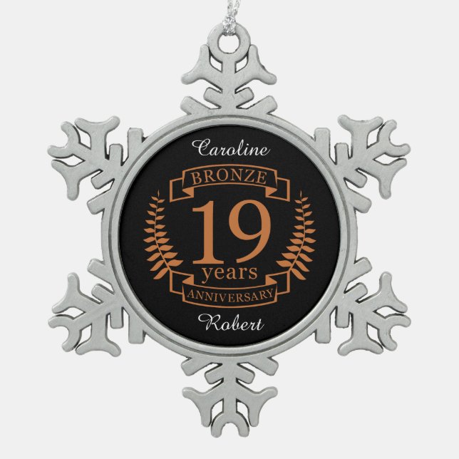 Bronze traditional wedding anniversary 19 years snowflake pewter christmas ornament (Front)