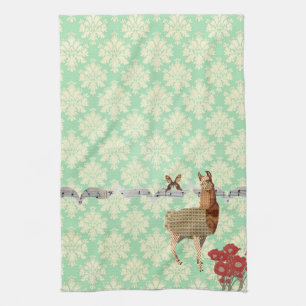 Bronze Vintage Llama & Butterfly Mint Julep Damask Kitchen Towel