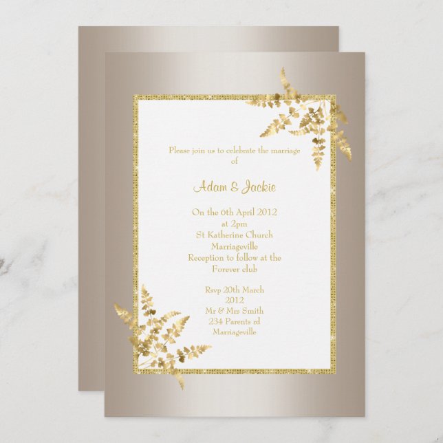 BRONZE WHITE GOLD LEAF ELEGANT CLASSY WEDDING INVITATION (Front/Back)