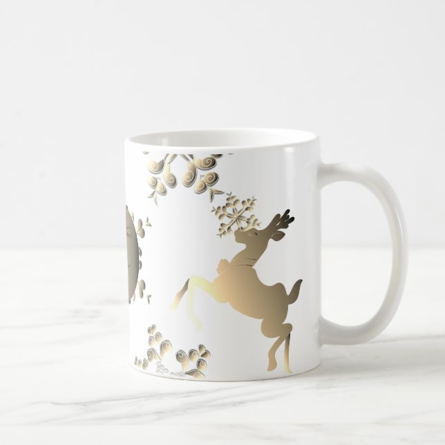 Bronzy Monogram Snowflakes Reindeer on White Coffee Mug (Right)