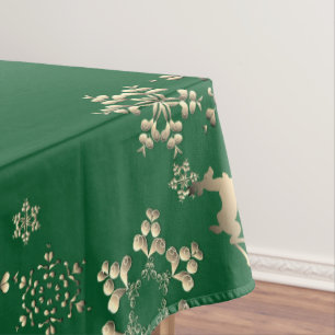 Bronzy Reindeer and Snowflakes on Green Tablecloth