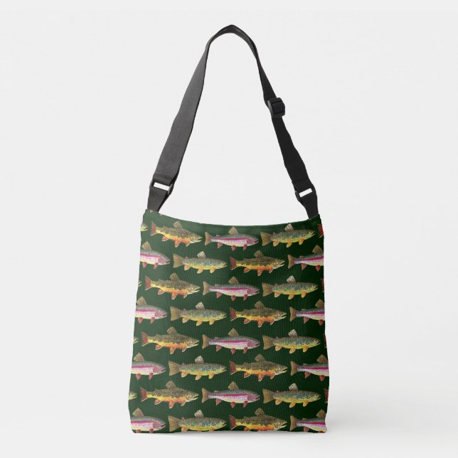Brook, Rainbow, Brown Trout Fishing Crossbody Bag (Front)