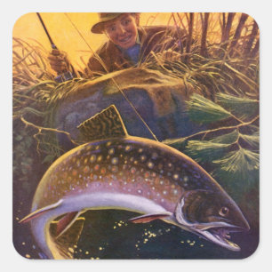 Brook Trout Fish Fisherman, Vintage Sports Fishing Square Sticker