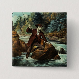 Brook Trout Fishing - An Anxious Moment, 1862 2 Inch Square Button