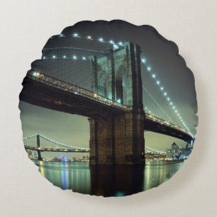 Brooklyn Bridge at night  Manhattan Bridge Round Pillow