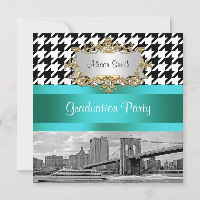 Brooklyn Bridge Blk Wht Houndstooth 2 Graduation Invitation (Front)