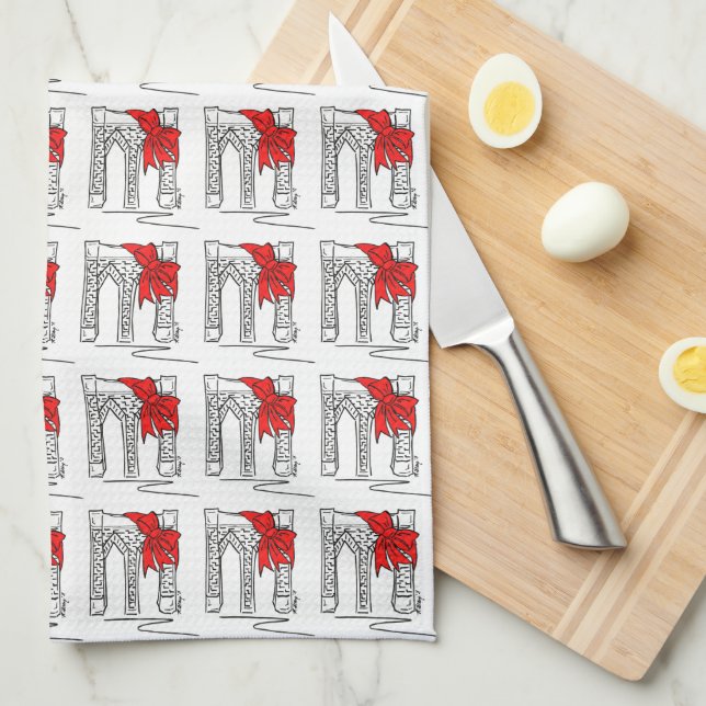 Brooklyn Bridge Bow NYC Christmas Holiday Landmark Kitchen Towel (Quarter Fold)