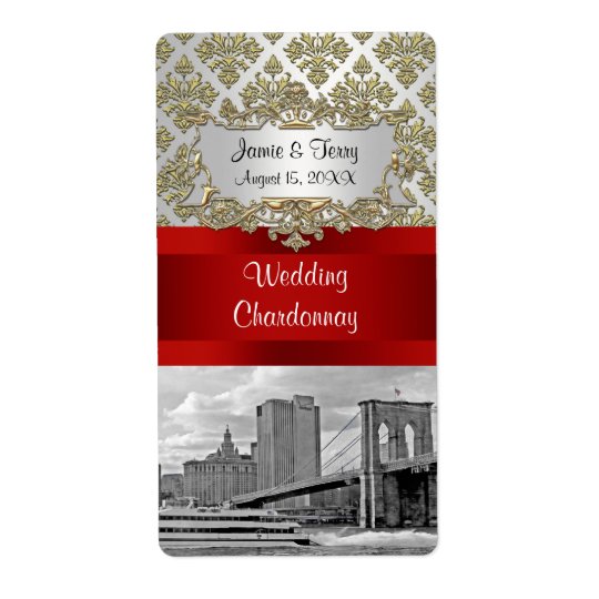 Brooklyn Bridge Gold White Damask Wine Label Shipping Label