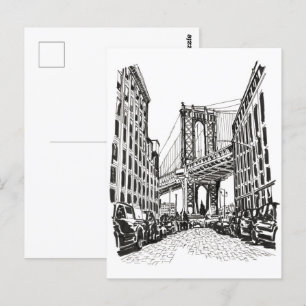 Brooklyn Bridge New York Black White Illustration Postcard
