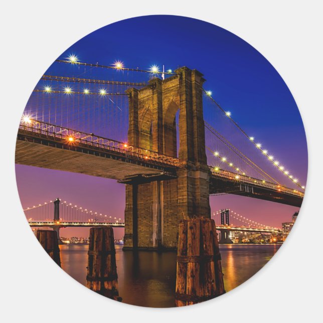 Brooklyn Bridge, New York City at Night  Classic Round Sticker (Front)