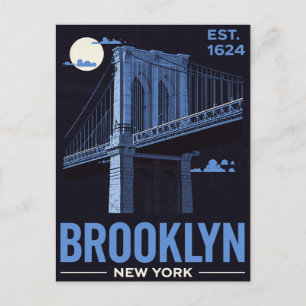 Brooklyn Bridge Night Retro Travel Postcard