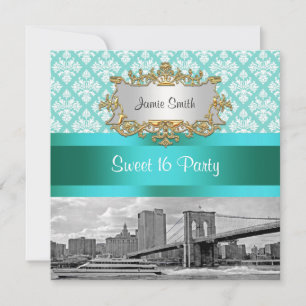 Brooklyn Bridge Turquoise White Damask Sweet 16 Invitation
