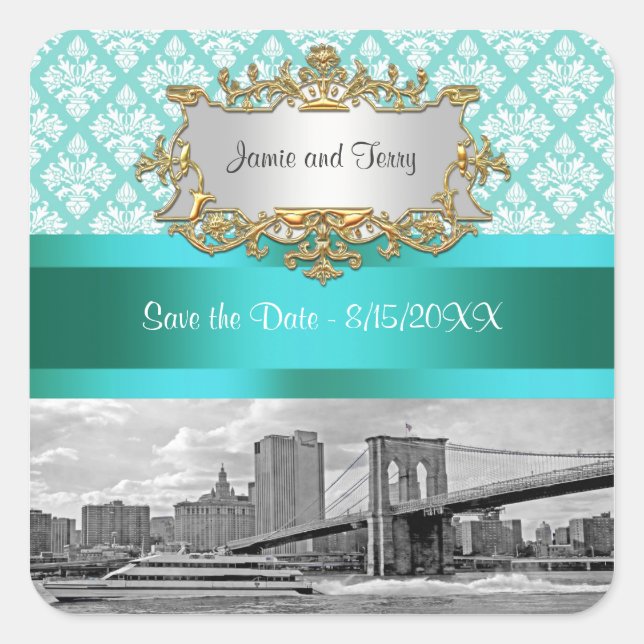 Brooklyn Bridge Turquoise Wht Damask Save Date Square Sticker (Front)
