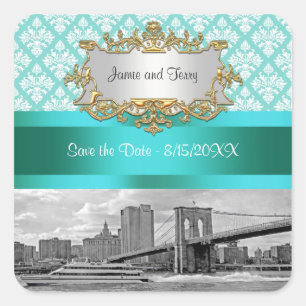 Brooklyn Bridge Turquoise Wht Damask Save Date Square Sticker
