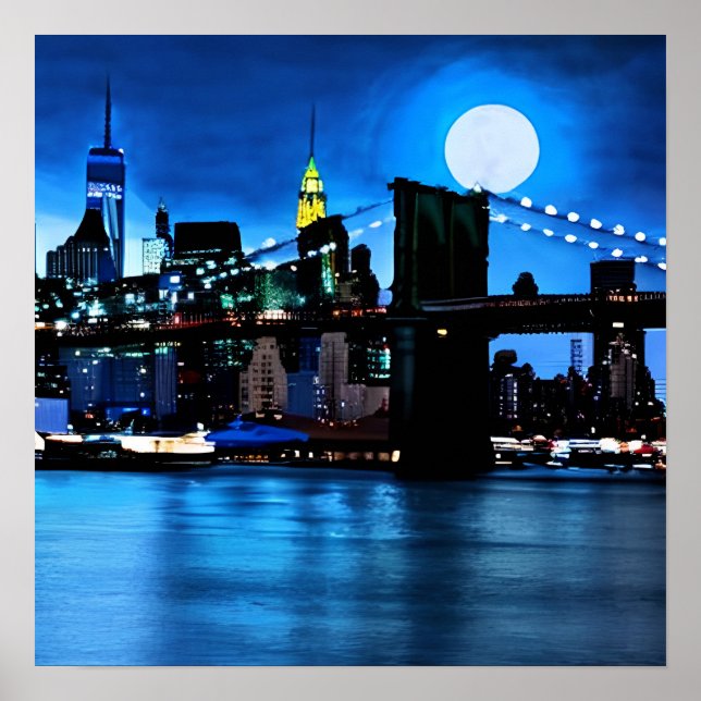 Brooklyn Bridge Under a Full Moon  Poster (Front)