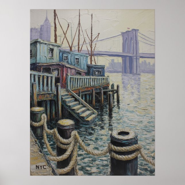 Brooklyn Bridge View From The Waterfront Pier Poster (Front)