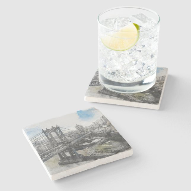 Brooklyn Bridge Watercolor Stone Coaster – Elegant (Side)