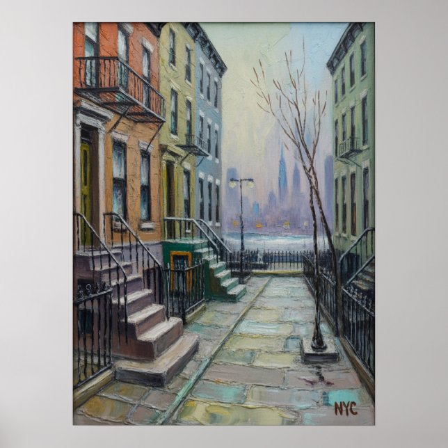 Brooklyn Brownstone Row With Manhattan Skyline Poster (Front)