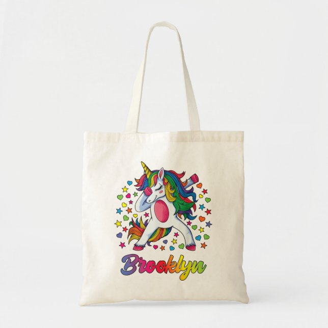 Brooklyn Dabbing Unicorn Rainbow Personalized Name Tote Bag (Front)