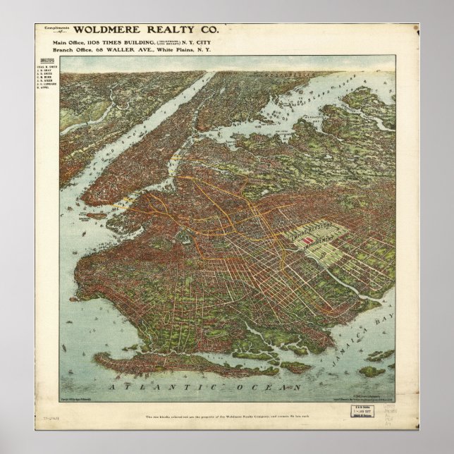 Brooklyn New York 1908 Antique Panoramic Map Poster (Front)