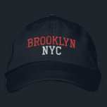 BROOKLYN NYC on Navy Embroidered Hat<br><div class="desc">BROOKLYN NYC red and light blue coloured embroidery on navy cotton hat. Embroidery is customizable to other colour choices by selecting the "Edit Design" tool button. Also available is the option to select choice of hat colour on the main item page.</div>