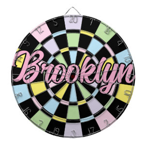 Brooklyn nyc Pink Text on Black And Pastel Colours Dartboard