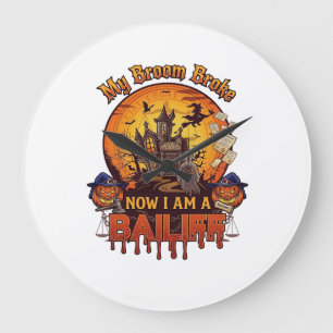 Broom Broke Bailiff Halloween Ghost Court Pumpkins Large Clock