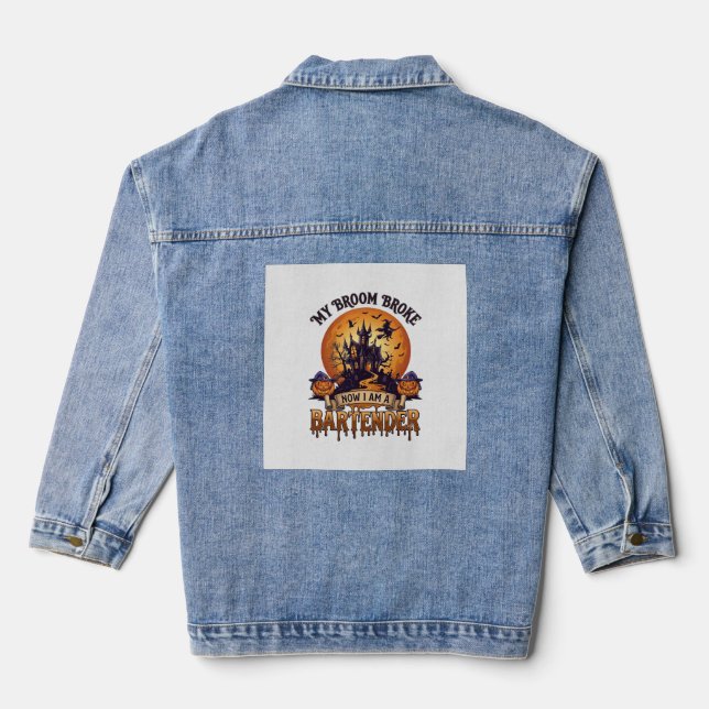 Broom Broke Bartender Halloween Haunted House Witc Denim Jacket (Back)