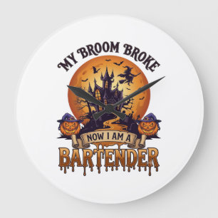 Broom Broke Bartender Halloween Haunted House Witc Large Clock