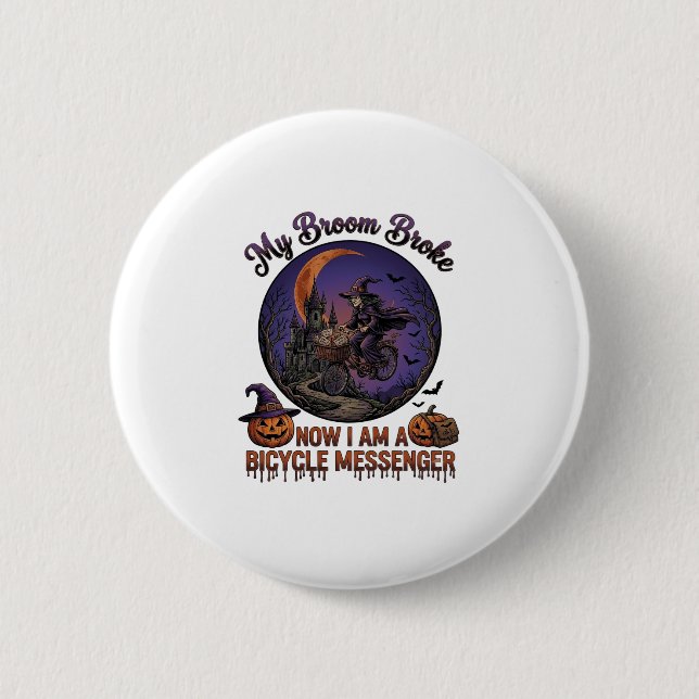Broom Broke Bicycle Messenger Witch Halloween Moon 2 Inch Round Button (Front)