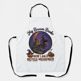 Broom Broke Bicycle Messenger Witch Halloween Moon Apron
