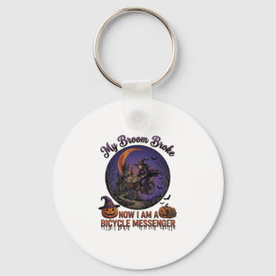 Broom Broke Bicycle Messenger Witch Halloween Moon Keychain