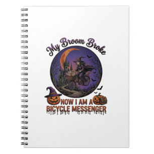 Broom Broke Bicycle Messenger Witch Halloween Moon Notebook