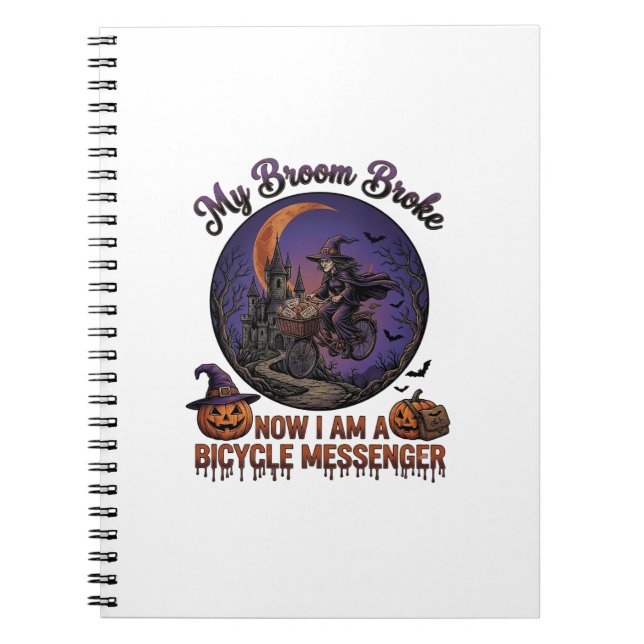 Broom Broke Bicycle Messenger Witch Halloween Moon Notebook (Front)