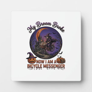 Broom Broke Bicycle Messenger Witch Halloween Moon Plaque