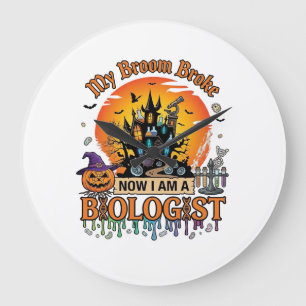 Broom Broke Biologist Halloween Haunted Castle Pum Large Clock