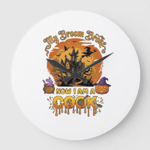 Broom Broke Cook Halloween Haunted House Cauldron  Large Clock