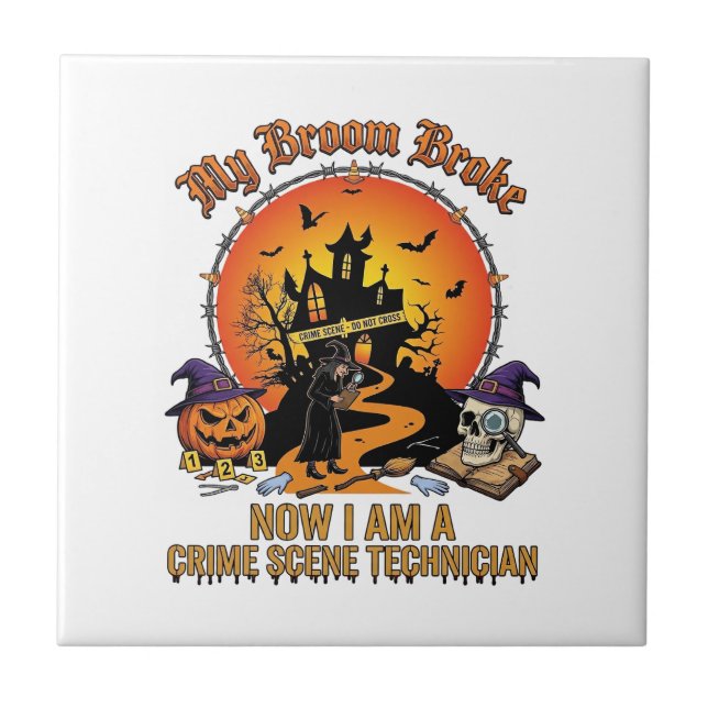 Broom Broke Crime Scene Technician Halloween Witch Tile (Front)
