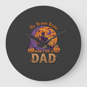 Broom Broke Dad Halloween Haunted House Moustache Large Clock