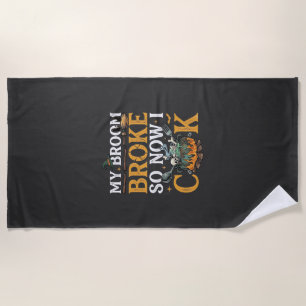 Broom Broke Halloween Cauldron Skulls Black Cat_1 Beach Towel