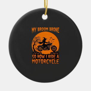 Broom Broke Halloween Witch Motorcycle Bats Pumpki Ceramic Ornament