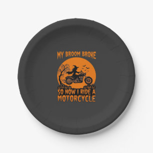 Broom Broke Halloween Witch Motorcycle Bats Pumpki Paper Plate