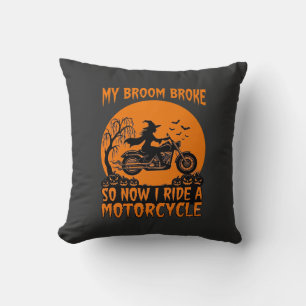 Broom Broke Halloween Witch Motorcycle Bats Pumpki Throw Pillow