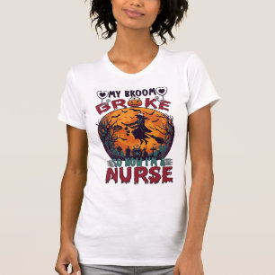 Broom Broke Nurse Halloween Witch Full Moon Bats_1 T-Shirt