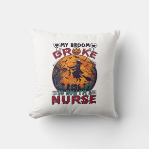Broom Broke Nurse Halloween Witch Full Moon Bats_1 Throw Pillow