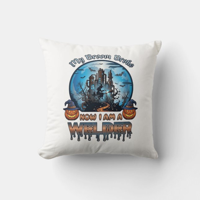 Broom Broke Welder Witch Factory Pumpkins Hallowee Throw Pillow (Front)