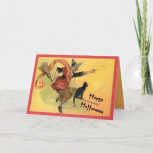 Broom Flying Cat and Witch Card