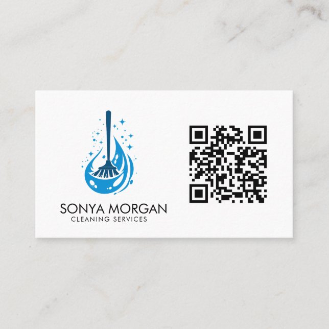 Broom Logo Modern Cleaning Services QR Code  Business Card (Front)